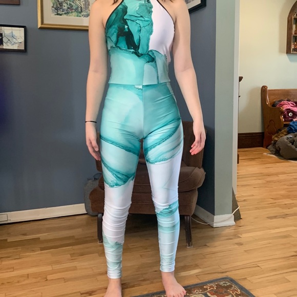 Water-ish print leotard for solo dance in turquiose and white - Picture 1 of 2